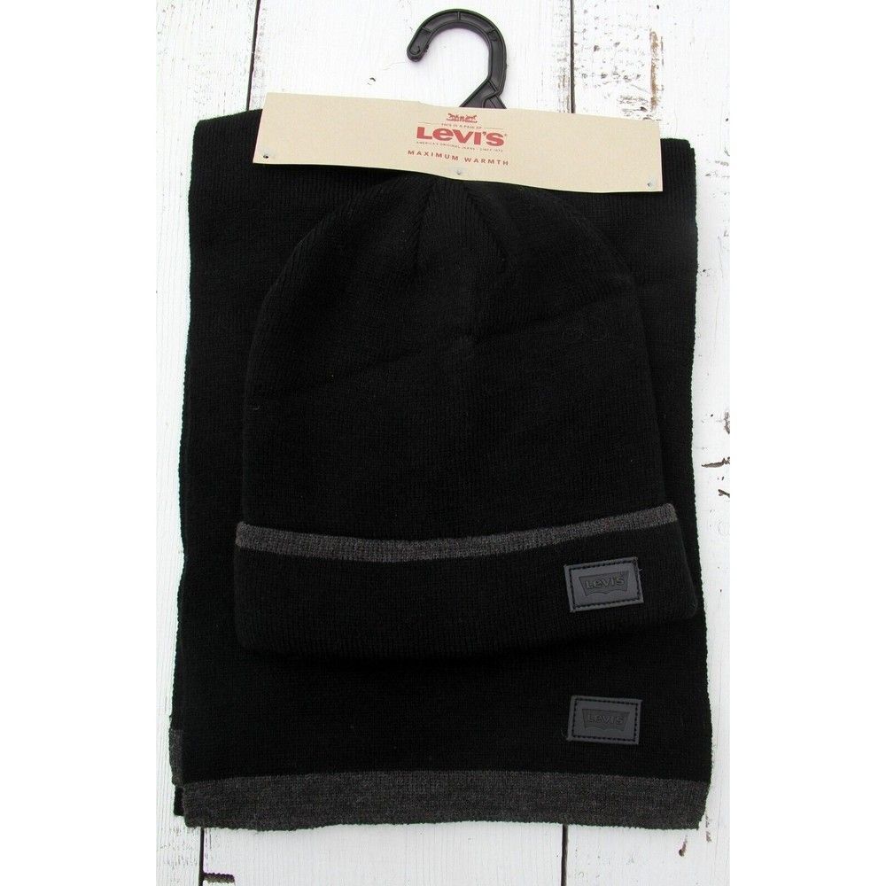 LEVI"S Men's SCARF Beanie HAT SET NEW BLACK GRAY One Size